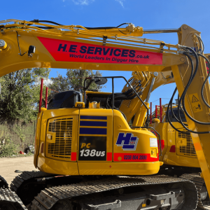 Komatsu PC138 machine, available to hire from H. E. Services (Plant Hire) Ltd